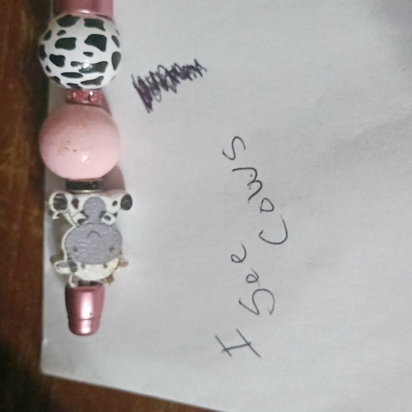 Handmade Pink Novelty Pen with Cow Print & Beads - Picture 3 of 3